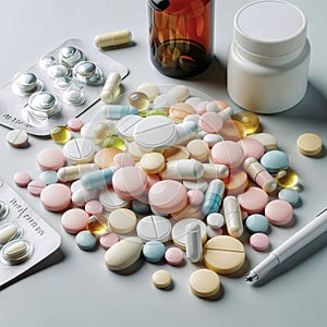 Various colorful pills and capsules on white background. Focus on foreground, shallow