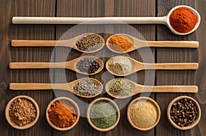 Various colorful spices on wooden table