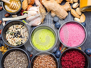 Various colorful superfood powders, cleasing and detox concept