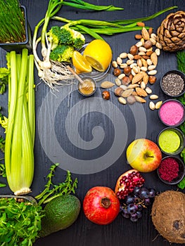 Various colorful superfoods background, vitamins and nutrition concept