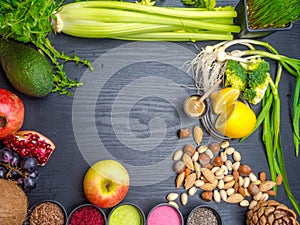 Various colorful superfoods background, vitamins and nutrition concept