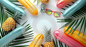 Various colorful swimsuits, sunglasses, and floats are displayed photo