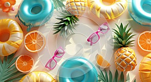 Various colorful swimsuits, sunglasses, and floats are displayed photo