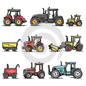 Various colorful tractors trailer, cartoon representation, agriculture machinery. Different models photo