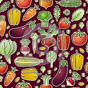 Various colorful vegetables isolated on purple background. Seamless pattern. Vector.