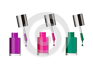 Various colors of nail lacquers, contained in transparent bottles on white background