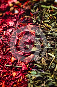 Various colourful spices close up background