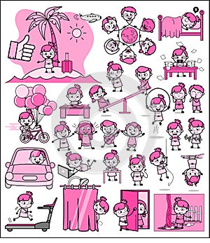 Various Comic Vintage Teen Girl Characters - Set of Concepts Vector illustrations