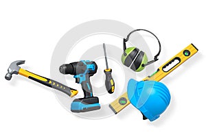 Various construction tools including wrench, hammer, pliers, and helmet isolated on white background with clipping path