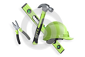 Various construction tools including wrench, hammer, pliers, and helmet isolated on white background with clipping path