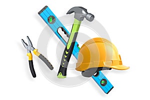 Various construction tools including wrench, hammer, pliers, and helmet isolated on white background with clipping path