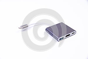 various converter cables adapters for computers and smartphones HDMI VGA USB DVI DP isolated on white