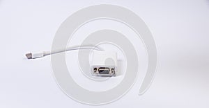 various converter cables adapters for computers and smartphones HDMI VGA USB DVI DP isolated on white