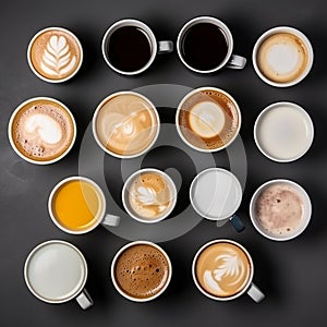 Various cups of coffee on black, cappuccino, espresso, americano, latte, each next to the other photo from above, flatley,