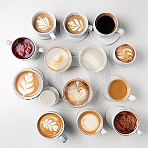 Various cups of coffee on black, cappuccino, espresso, americano, latte, each next to the other photo from above, flatley,