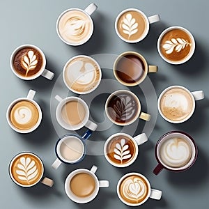 Various cups of coffee on black, cappuccino, espresso, americano, latte, each next to the other photo from above, flatley,