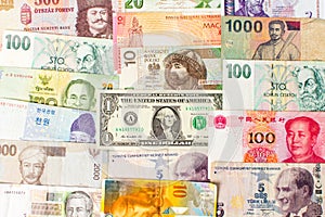Various currencies banknotes forming a background photo
