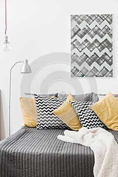 Various cushions in cozy bedroom