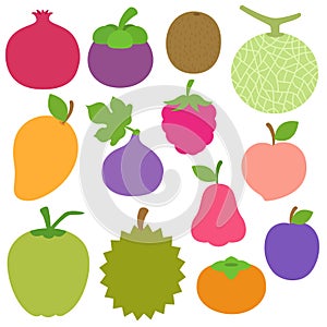 Various cute exotic fruits clip art in flat vector style drawings. Summer fruits illustrations. Fruit icons. Fruits graphics.