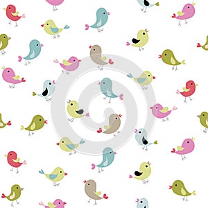 Various cute little birds with singing beaks. Colorful birds seamless pattern. White background