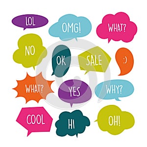 Various Cute speech bubble doodle stickers set with multiple colors - stock vector