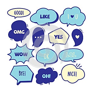Various Cute speech bubble doodle stickers set with some blue colors - stock vector