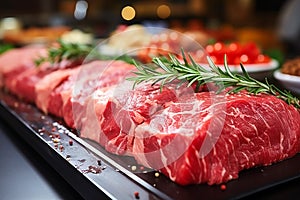 Various cuts of fresh raw red meat in the supermarket, beef, pork, assorted meat steaks on a baking sheet before cooking