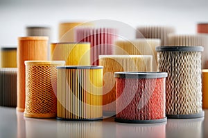 Various cylindrical air and oil filters arranged on a reflective surface showcasing different textures and colors used in