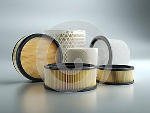 Various cylindrical air and oil filters displayed on a reflective surface showcasing different textures and materials for