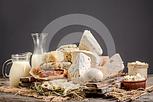 Various dairy products. Assortment of cheeses. Free space for text