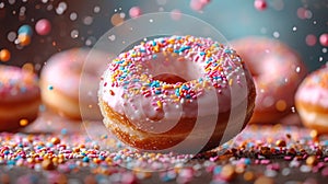 Various decorated donuts in motion falling on blue background.