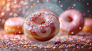 Various decorated donuts in motion falling on blue background.