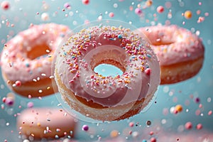 Various decorated donuts in motion falling on blue background.