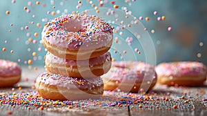 Various decorated donuts in motion falling on blue background.