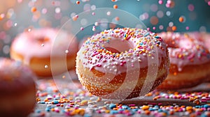 Various decorated donuts in motion falling on blue background.