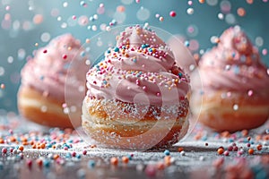 Various decorated donuts in motion falling on blue background.