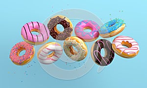 Various decorated donuts in motion falling on blue background. Sweet and colourful doughnuts falling or flying in motion