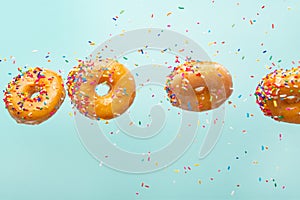 Various decorated donuts in motion falling on a blue background. Sweet and iced donuts fall or fly in motion. With caramel.