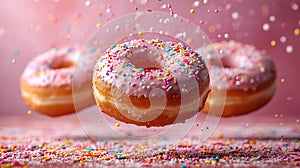 Various decorated donuts in motion falling on pink background.