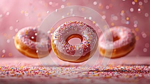 Various decorated donuts in motion falling on pink background.