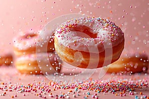 Various decorated donuts in motion falling on pink background.