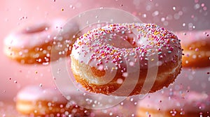 Various decorated donuts in motion falling on pink background.