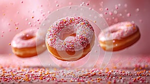 Various decorated donuts in motion falling on pink background.