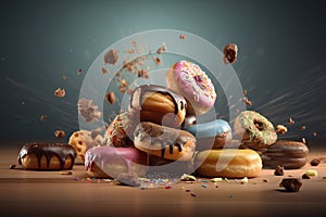 Various decorated doughnuts in motion falling on color background. AI generated