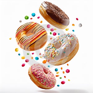 Various decorated doughnuts in motion falling on white background