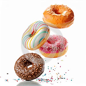 Various decorated doughnuts in motion falling on white background