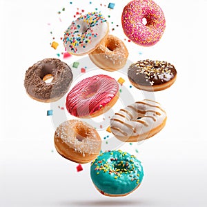 Various decorated doughnuts in motion falling on white background