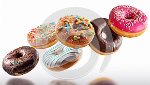 Various decorated doughnuts in motion falling on white background