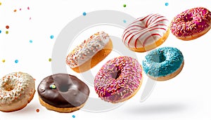 Various decorated doughnuts in motion falling on white background