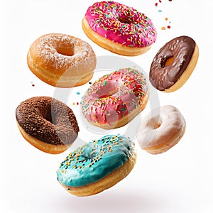 Various decorated doughnuts in motion falling on white background